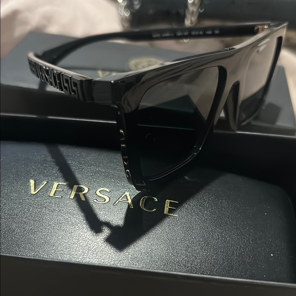 Versace women’s  Black Gloss Shield Sunglasses with Logo Temples